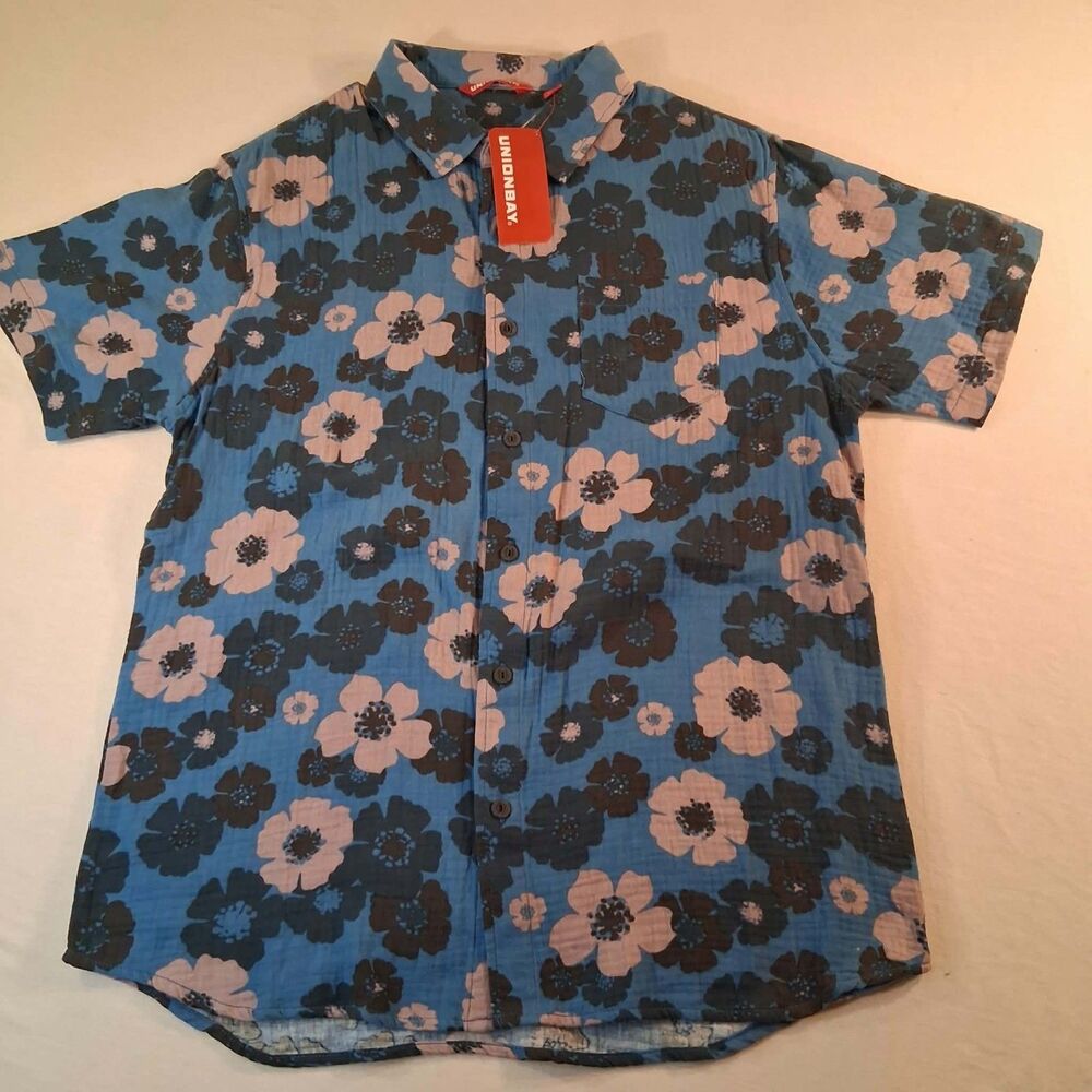 Unionbay Bradley Men M Gauze Button Up Shirt Blue Tile Floral Short Sleeve NWT